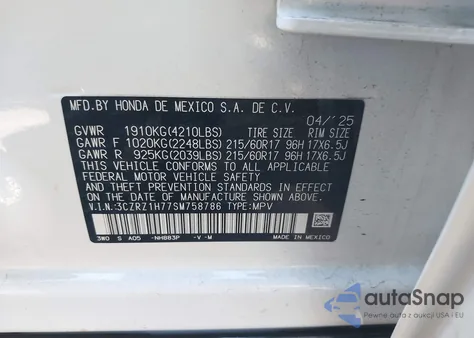 2025 Honda Hr-V 2Wd Ex-L из США, поврежденный, VIN 3CZRZ1H77SM758786